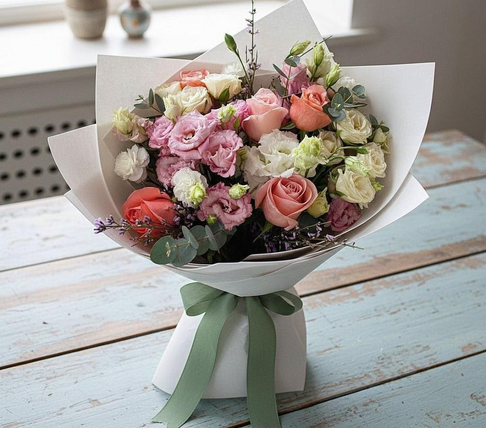 Букет цветов из: Розы, Лизиантусы и Гвоздики в Зернограде