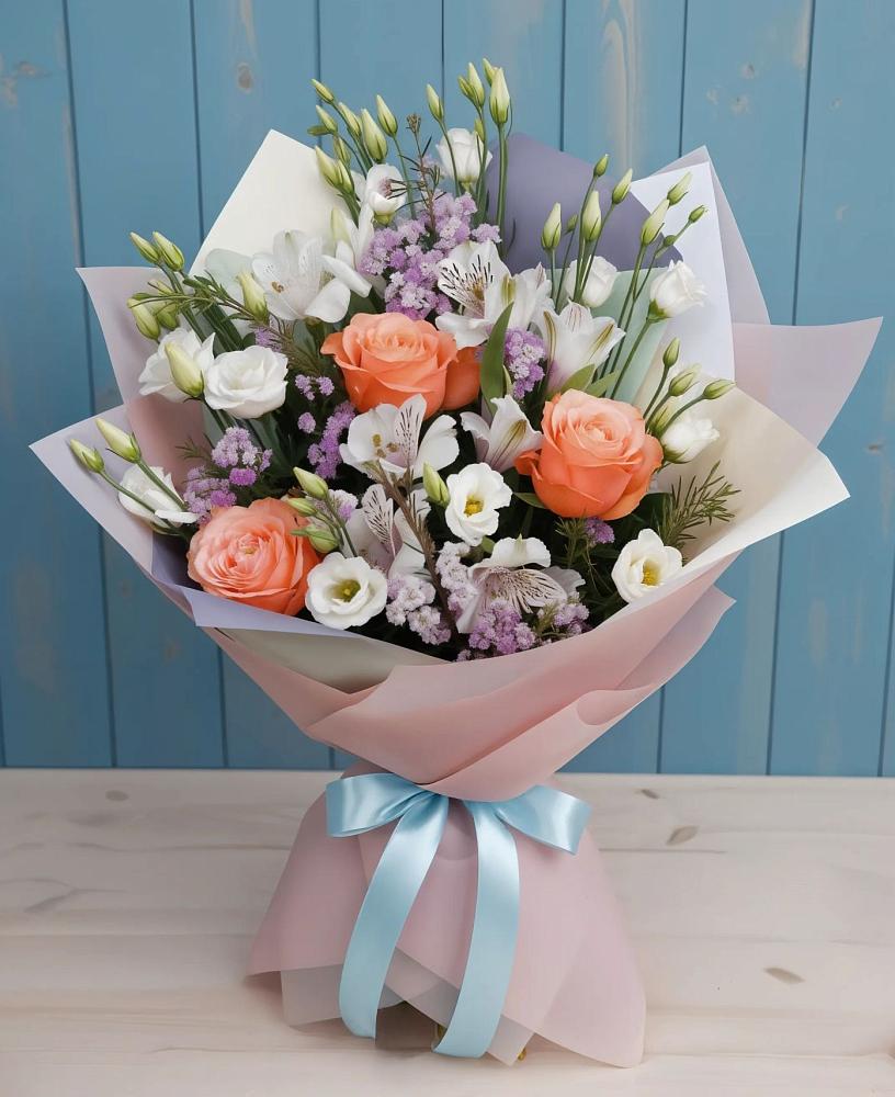 Букет цветов из: Лизиантусы, Розы, Альстромерии и Гипсофила в Зернограде