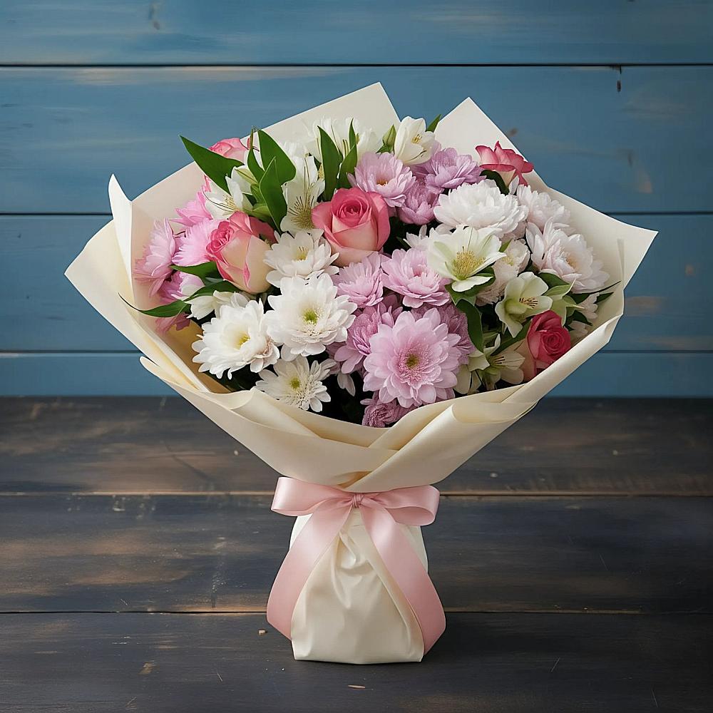 Букет цветов из: Хризантемы, Альстромерии и Розы в Зернограде